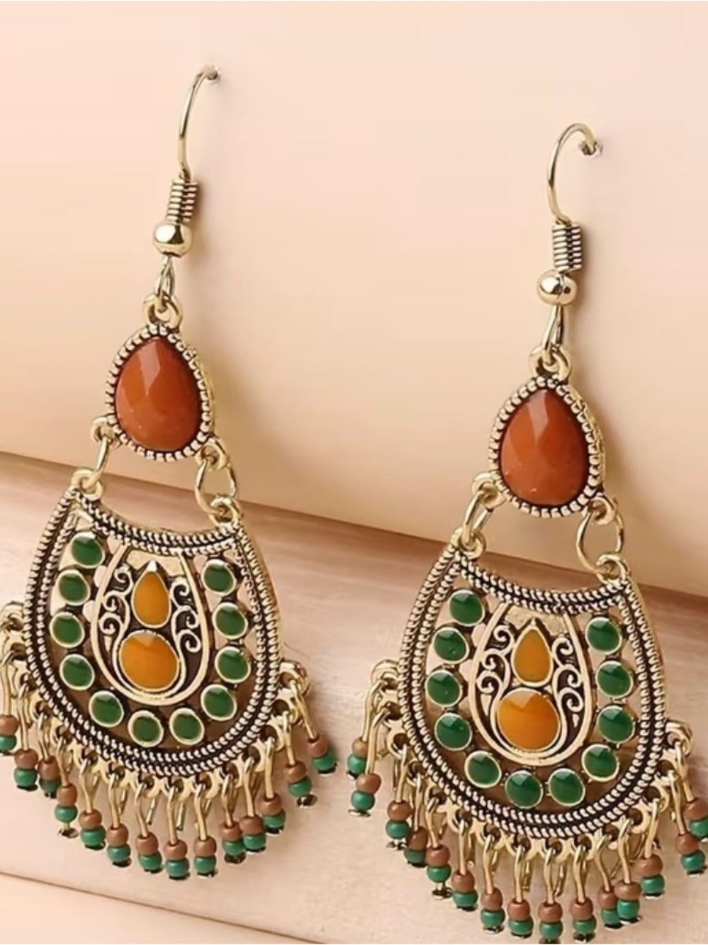 Gold-Tone Green and Amber Teardrop Dangle Earrings - Women Jewelry